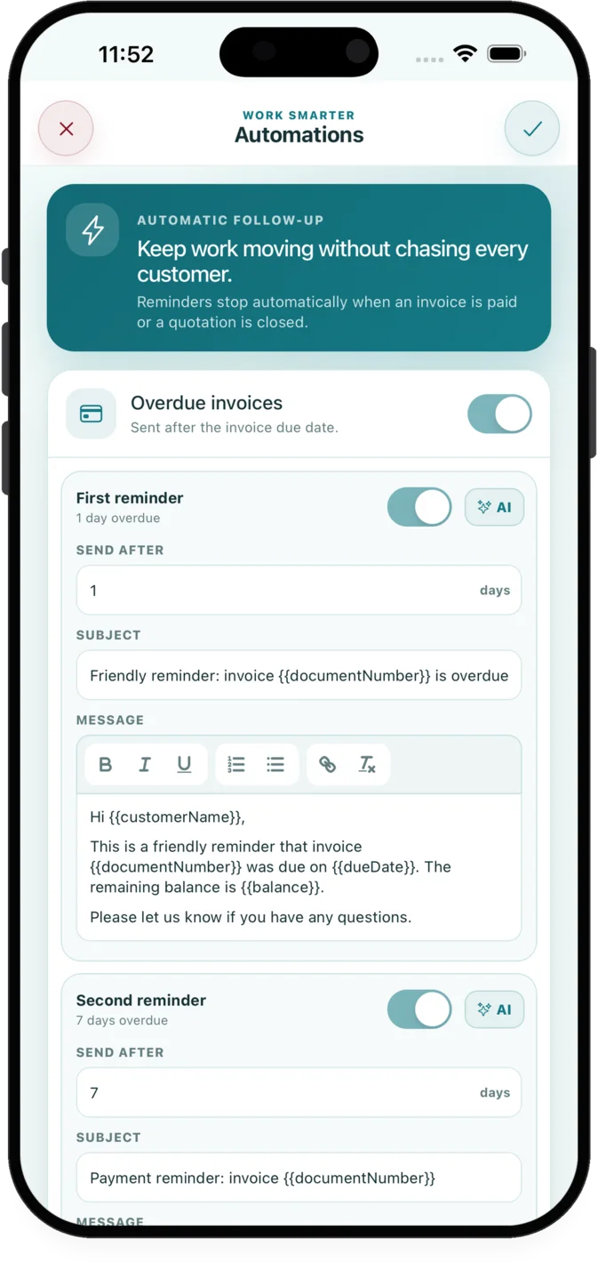 Automatic invoice reminder settings