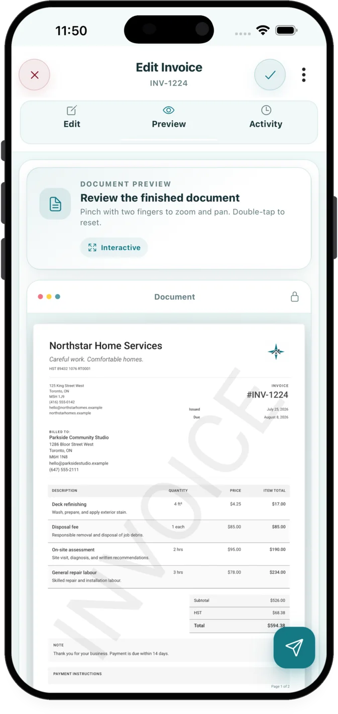 Professional document preview in InvoiceXpress