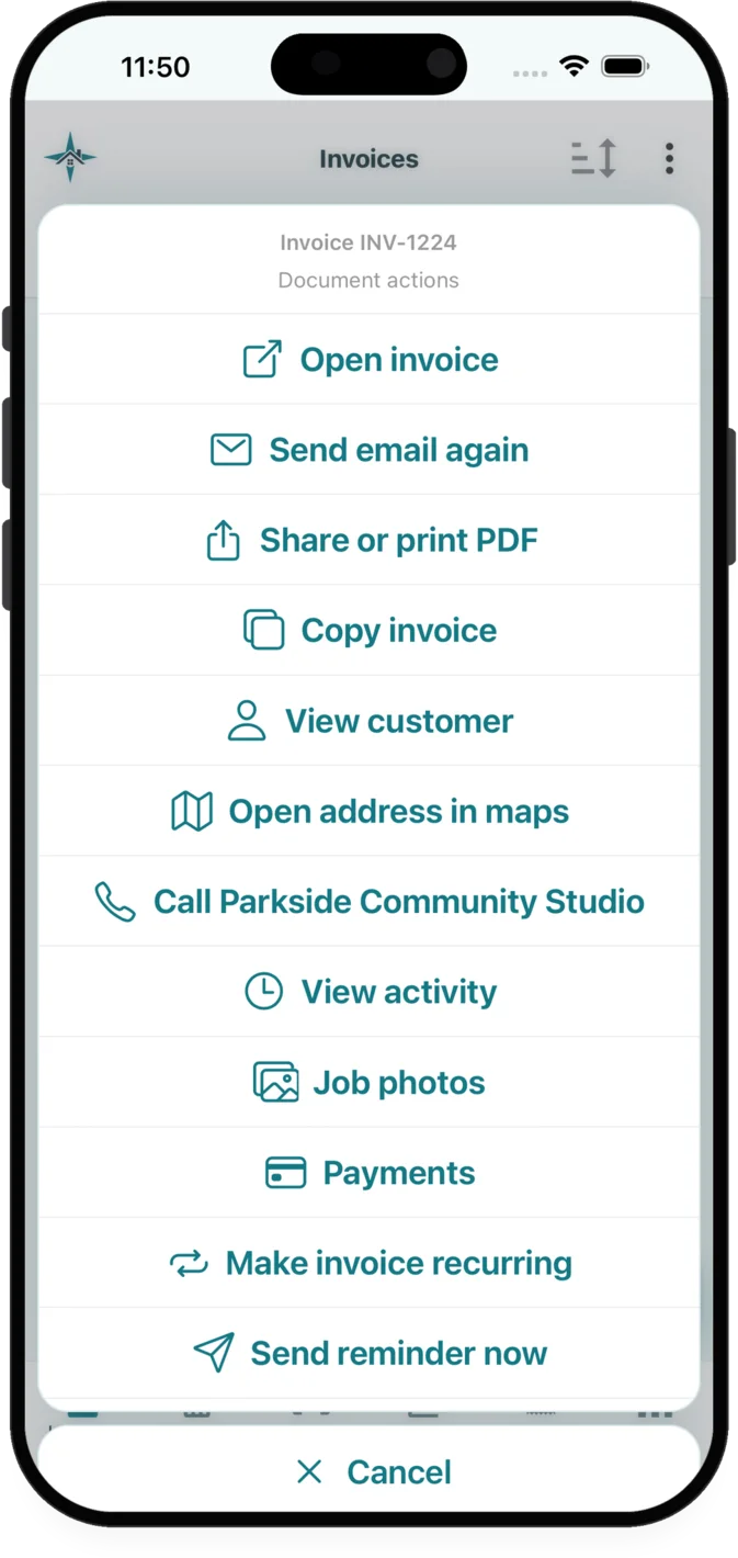 Invoice actions including payment recording
